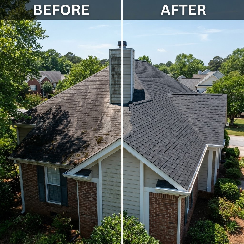 Roof cleaning before and after